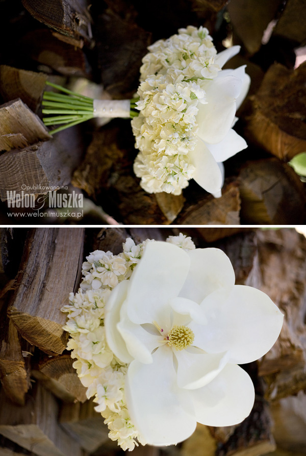 welon i muszka bukiet ślubny kwiaty magnolia